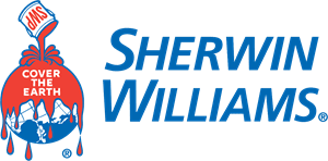 A green background with blue letters that say sherwin williams.