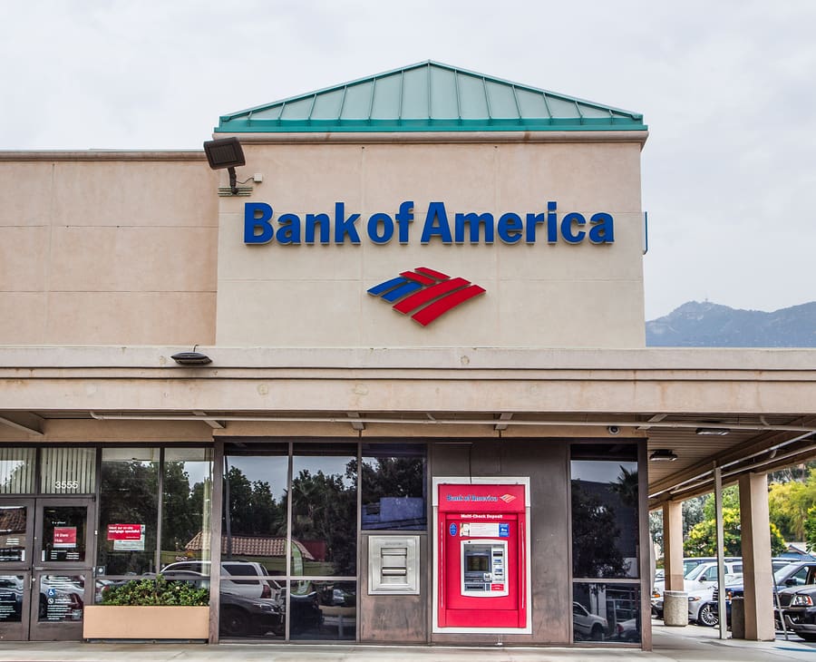 PASADENA CA/USA - AUGUST 2 2014: Bank of America exterior. Bank of America is an American multinational banking and financial services corporation headquartered in Charlotte North Carolina.